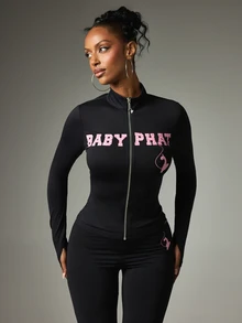 BABYPHAT Full Zip High Neck Long Sleeve Fitted Top With Leopard Print Logo Text And Signature Cat Charm Zipper Pull - Black - View 1