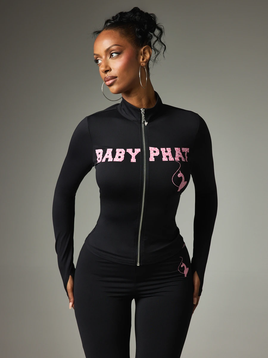 BABYPHAT Full Zip High Neck Long Sleeve Fitted Top With Leopard Print Logo Text And Signature Cat Charm Zipper Pull - Black - View 1