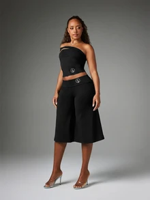 BABYPHAT Wide Leg Culotte Shorts With Fold-Over Waistband Logo Detail Flared Hem Relaxed Fit Below Knee Length Stretch Knit - Black - View 4
