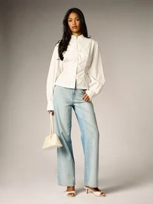AiiRZ Mandarin Collar Blouse With Floral Frog Button Closure And Puff Long Sleeves Fitted Waist Silhouette - White - View 3