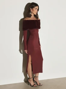KSTM Off-Shoulder Faux Fur Trim Bodycon Midi Dress With Long Sleeves And Side Slit Evening Party Style - Burgundy - View 6