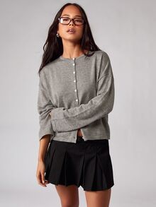 MISSGUIDED Áo cardigan dáng ngắn cài cúc cổ tròn, tay dài, form rộng thoải mái, phong cách thường ngày casual - Màu Xám nhạt - Xem 3
