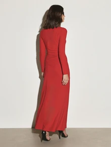 Đầm ôm bodycon KSTM cổ thuyền tay dài nhún eo, dệt kim mịn, dáng ôm sát, váy dạ hội dự tiệc - Đỏ - Xem 2