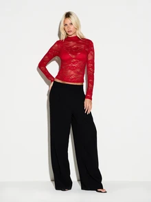 KIZN Floral Lace Sheer High Neck Long Sleeve Fitted Crop Top With Keyhole Back Detail For Night Out - Burgundy - View 3