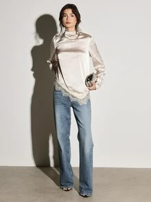 KSTM Satin Stand Collar Long Sleeve Blouse With Lace Trim Hem And Back Keyhole Detail Elegant Evening Top - Beige - View 3