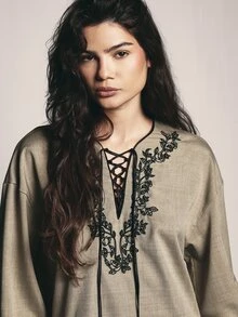 KSTM Oversized Linen Feel Blouse With Floral Black Embroidery Lace-Up V-Neck Bell Sleeves And Embroidered Cuffs Boho Tunic Top - Green - View 4