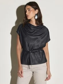 KSTM Cowl Neck Metallic Shimmer Short Sleeve Belted Blouse With Tie Waist Detail Open Back Evening Top - Navy Blue - View 4