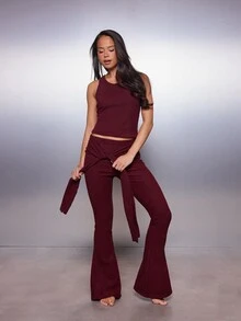 MISSGUIDED Sleeveless Scoop Neck Crop Tank Top And Flared Tie Waist Low Rise Flare Pants Co-Ord Lounge Set - Burgundy - View 1