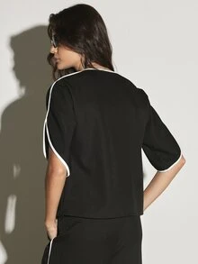 KSTM V-Neck Crop Blouse With White Contrast Piping Trim And Split Short Sleeves Relaxed Oversized Fit Casual Everyday Style - Black - View 2