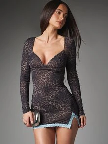 MISSGUIDED Leopard Print Mesh Mini Dress Long Sleeve Plunge Neckline Baby Blue Lace Trim Hem Split Bodycon Sheer Night Out - Multicolor - View 1