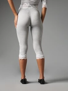 MISSGUIDED High Rise Cropped Leggings With Floral Lace Trim Hem And Side Split Ankle Detail Everyday Casual Style - Grey - View 2
