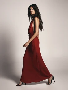 KSTM Cowl Neck Halter Dress With Deep Plunge Neckline Open Back Ruched Waist Sleeveless Evening Gown Party - Burgundy - View 5