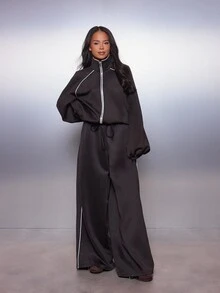 MISSGUIDED Wide Leg Satin Trousers With White Contrast Piping Trim High Rise Drawstring Waist Full Length Palazzo Style Casual Pants - Coffee Brown - View 4
