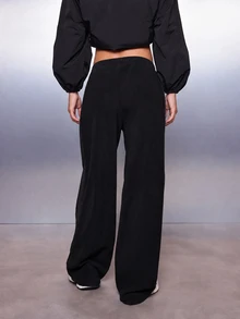 MISSGUIDED Celana Jogger Kaki Lebar Mega dengan Detail Panel Samping, Tali Serut di Pinggang, dan Label Logo, Gaya Streetwear Kasual Sehari-hari - Hitam - View 3