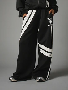 Missguided x Playboy Bunny Logo Wide Leg Track Pants With Side Snap Buttons Contrast White Stripe Panels And Elasticated Waist - Black and White - View 1