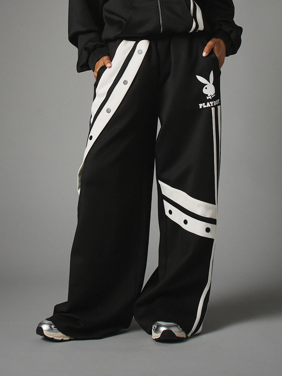 Missguided x Playboy Bunny Logo Wide Leg Track Pants With Side Snap Buttons Contrast White Stripe Panels And Elasticated Waist - Black and White - View 1