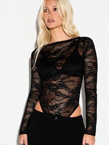 KIZN Floral Lace Long Sleeve Bodysuit With Boat Neck Cut-Out Sides Sheer See Through Body Suit Night Out Evening Top - Black - View 5