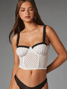 MISSGUIDED Polka Dot Mesh Longline Bustier Bra With Black Lace Trim Straps Underwire Support And Hook Eye Back Closure - Black and White - View 4
