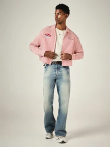 SUMWON Striped Cropped Overshirt With Patch Logo Applique Spread Collar Long Sleeve Boxy Fit Button Front Casual Streetwear Jacket - Red - View 4