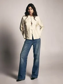 KSTM Mandarin Collar Frog Button Blouse With Long Sleeves Patch Pockets Relaxed Fit Textured Woven Top - Light Yellow - View 3