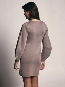 KSTM V-Neck Puff Sleeve Sweater Knit Mini Dress With Tortoiseshell Buckle Detail And Relaxed Shift Silhouette - Khaki - View 2