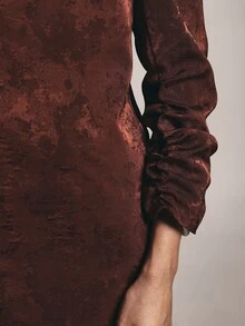 KSTM Jacquard Satin Blazer With Abstract Pattern Lapel Collar Single Button Closure And Ruched Sleeves Hip Length Regular Fit - Brown - View 6