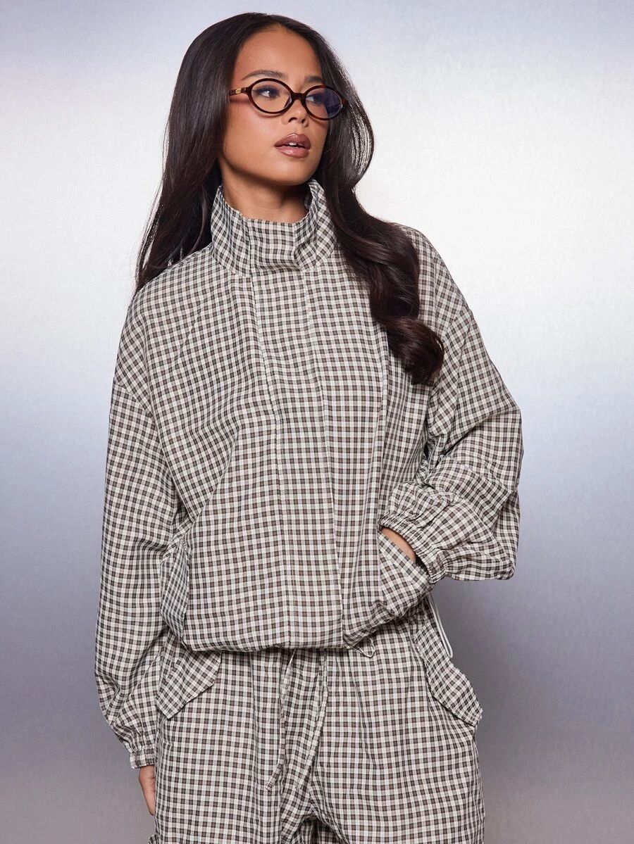 MISSGUIDED Oversized Checked Windbreaker Jacket With Stand Collar Zip Closure And Elasticated Cuffs Casual Street Style Outerwear - Multicolor - View 1