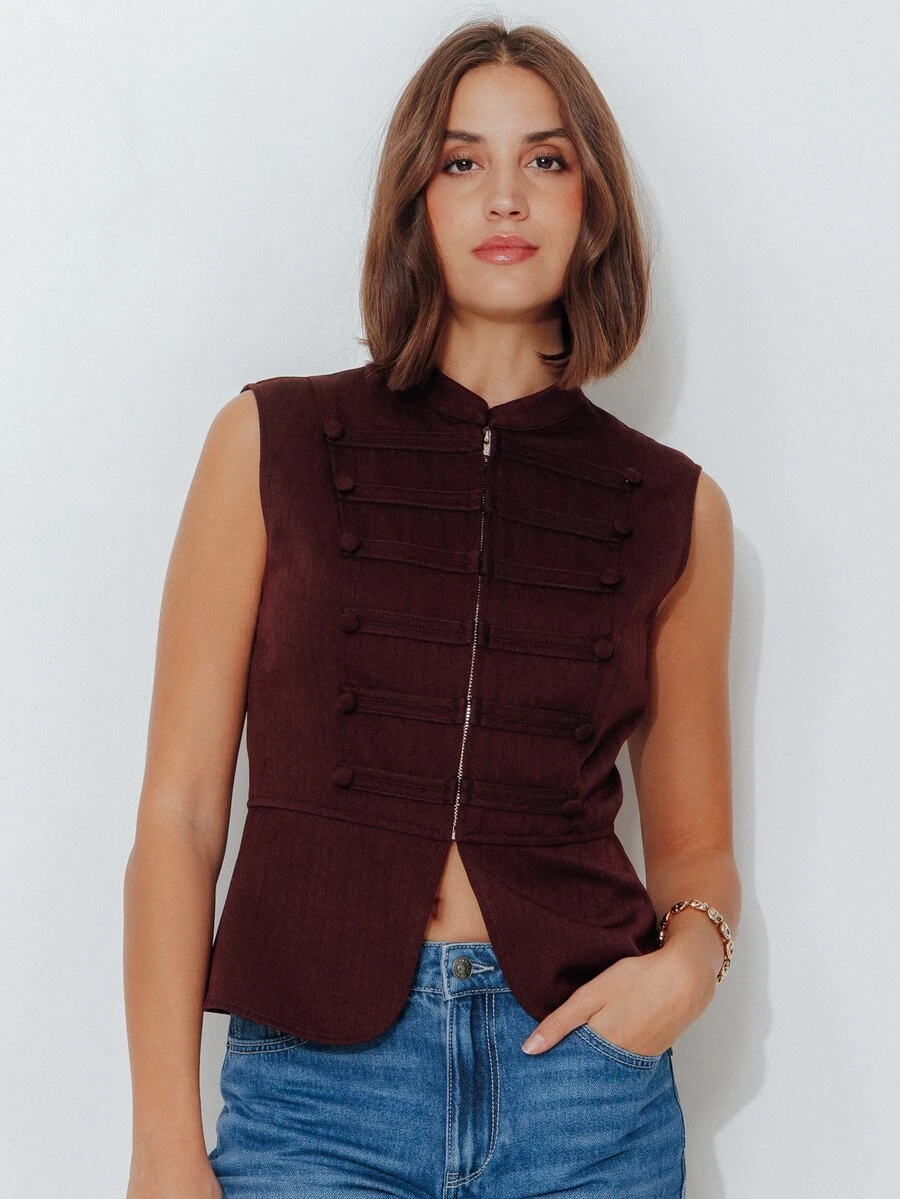 Pimkie Edition Women's Casual Napoleon Vest With Zipper Placket And Button Design - Burgundy - View 1