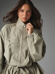 MISSGUIDED Military-Inspired Zip-Up Jacket With Stand Collar Decorative Buttons Balloon Sleeves And Drawstring Ruched Peplum Hem - Army Green - View 5