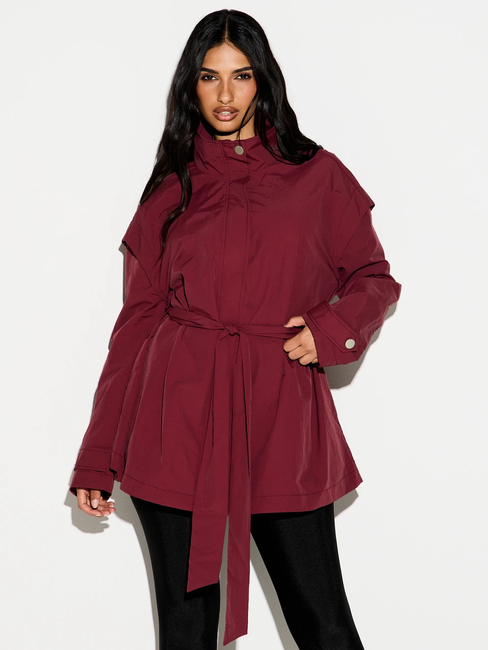 KIZN Oversized Belted Rain Jacket With Stand Collar