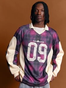 SUMWON Club Plaid Aop Long Sleeve Oversized V-Neck Jersey Top With Contrast Side Panels And Varsity Number Graphic Front Print - Multicolor - View 4
