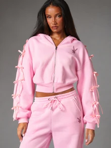 Missguided x Playboy Cropped Full-Zip Sweatshirt With Rhinestone Logo Satin Ribbon Bow Sleeve Detail Oversized Casual Streetwear - Pink - View 5