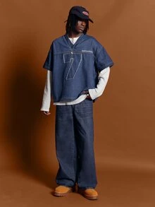 SUMWON Oversized Denim V-Neck Short Sleeve Top With Frayed Number 7 Applique And Brand Logo Detail - Blue - View 3