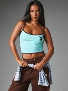 Missguided x Playboy Bunny Logo Scoop Neck Sleeveless Crop Cami Top With Contrast Trim Straps Slim Fitted Stretch Knit - Baby Blue - View 5