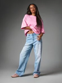 Missguided x Playboy Girl Forever Oversized Crew Neck Short Sleeve Drop Shoulder Cotton T-Shirt With Back Slogan Print And Bunny Logo Detail - Pink - View 3