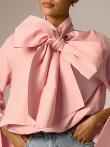 AiiRZ Oversized Bow Neck Blouse With Long Bell Sleeves Extended Cuffs And Draped Tie Detail Elegant Statement Top - Dusty Pink - View 5