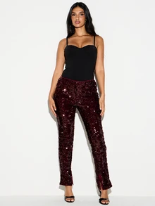 KIZN Sequin Embellished High Rise Straight Leg Pants With Front Split Hem Festive Party Night Out Full Length - Burgundy - View 5