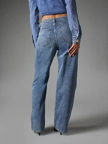 MISSGUIDED Quần jeans denim ống rộng cạp vừa dài toàn chân, cài nút, 5 túi, màu xanh wash, gấu thẳng, phong cách thường ngày casual - Màu xanh lam - Xem 4