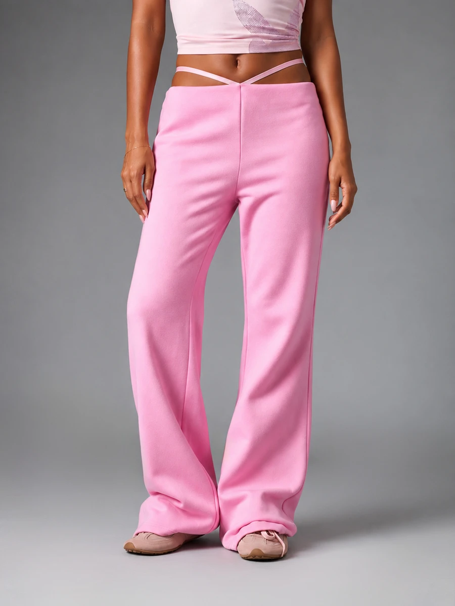 Missguided x Playboy Wide Leg Low Rise Casual Pants With Crossover Strap Waist Detail And Bunny Rhinestone Buckle Accent - Pink - View 1