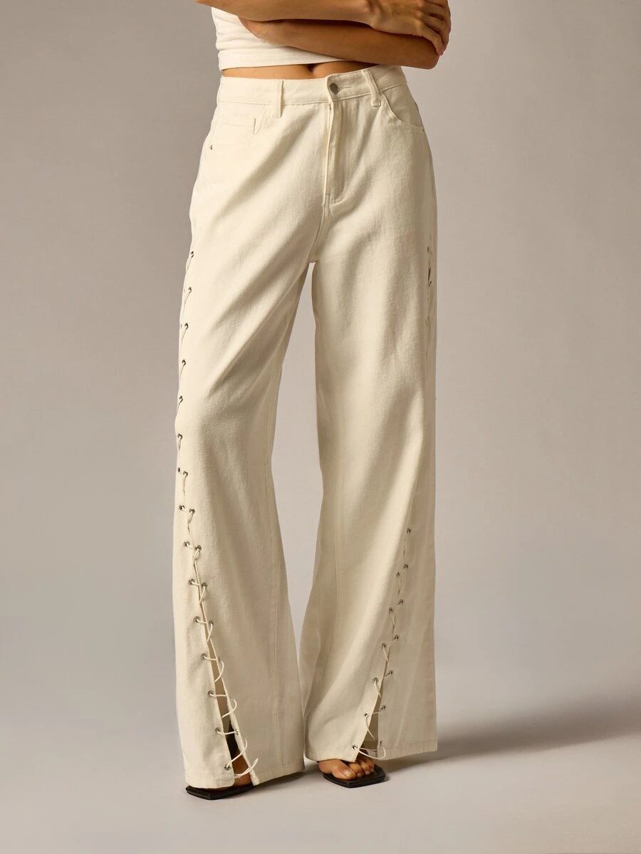 AiiRZ Wide Leg Cream Denim Jeans With Metal Eyelet Lace-Up Side Detail, High-Waist Full Length Trouser With Split Hem - White - View 1