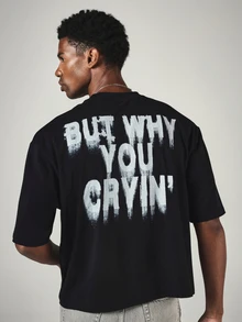 SUMWON Oversized Crew Neck Short Sleeve T-Shirt With Bold Humorous Slogan Full Back Text Print Streetwear Casual Everyday Tee - Black - View 1