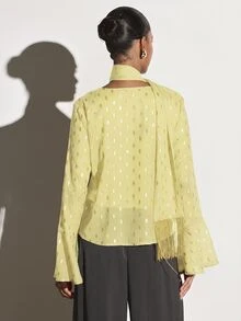KSTM Embellished V-Neck Chiffon Blouse With Foil Leaf Print Bell Sleeves Neck Tie Fringe Detail Evening Top - Green - View 5