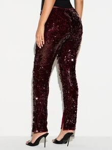 KIZN Sequin Embellished High Rise Straight Leg Pants With Front Split Hem Festive Party Night Out Full Length - Burgundy - View 2