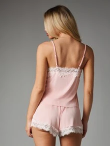 MISSGUIDED Ribbed Knit Cami And Shorts Lounge Set With Floral Lace Trim Square Neck Spaghetti Straps Co-Ord Two Piece - Baby Pink - View 2