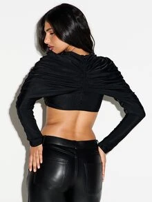 KIZN Ruched Long Sleeve Crop Top With Gathered Drape Detail And Zipper Back Closure For Night Out - Black - View 2