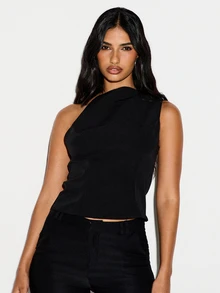 KIZN One-Shoulder Sleeveless Crop Blouse With Asymmetric Draped Neckline Detail Structured Fitted Silhouette Evening Top - Black - View 1