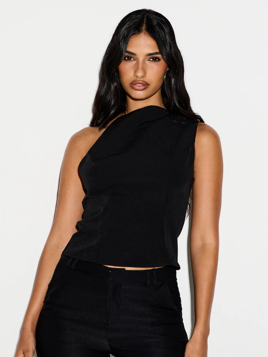 KIZN One-Shoulder Sleeveless Crop Blouse With Asymmetric Draped Neckline Detail Structured Fitted Silhouette Evening Top - Black - View 1
