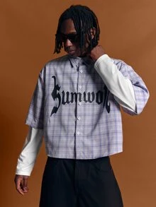 SUMWON Cropped Boxy Plaid Shirt With Gothic Brand Text Print Point Collar Short Sleeve Button Front Streetwear Top - Multicolor - View 1