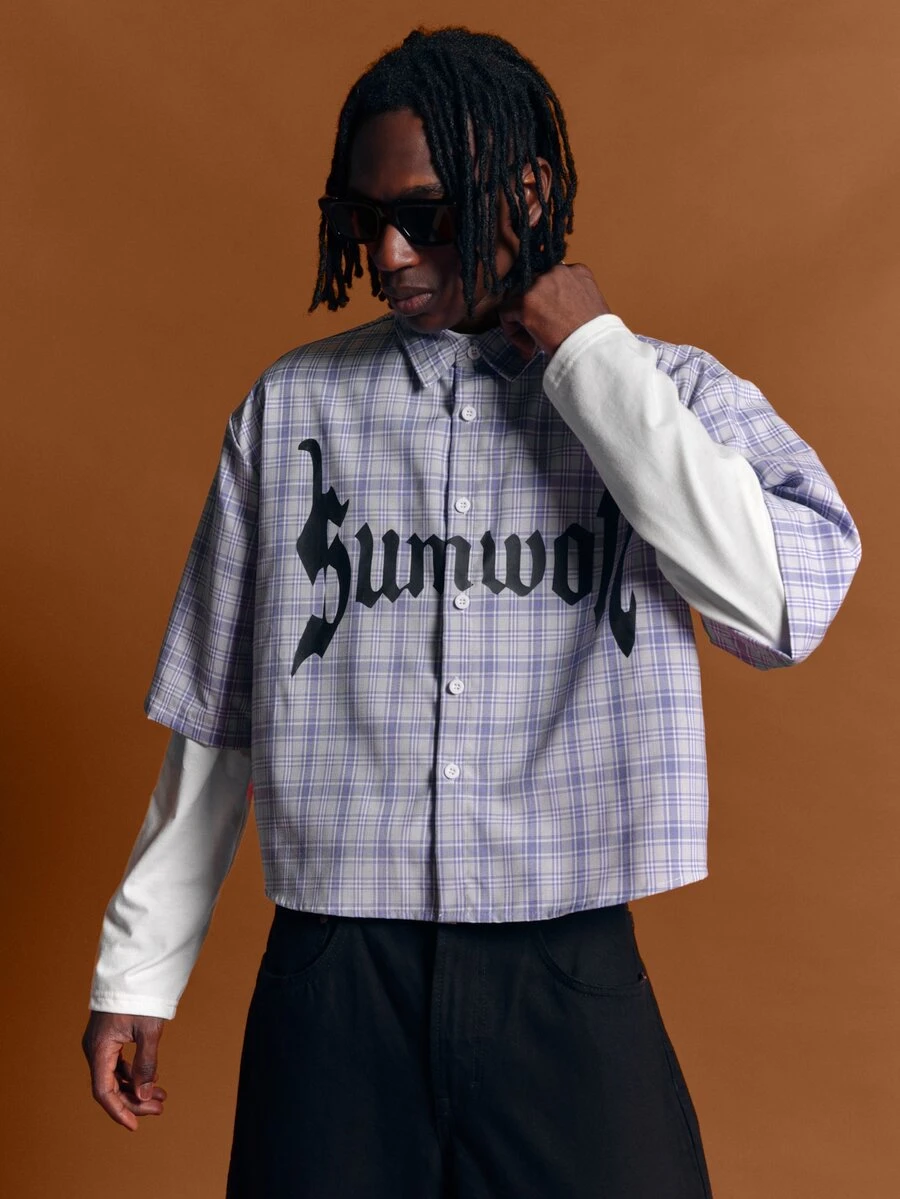SUMWON Cropped Boxy Plaid Shirt With Gothic Brand Text Print Point Collar Short Sleeve Button Front Streetwear Top - Multicolor - View 1