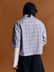 SUMWON Cropped Boxy Plaid Shirt With Gothic Brand Text Print Point Collar Short Sleeve Button Front Streetwear Top - Multicolor - View 2
